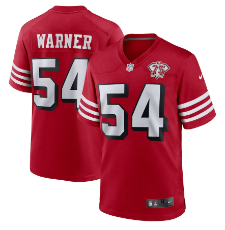 Men's San Francisco 49ers #54 Fred Warner 2021 Scarlet 75th Anniversary Alternate Game Jersey Men's San Francisco 49ers #54 Fred Warner 2021 Scarlet 75th Anniversary Alternate Game Jersey
